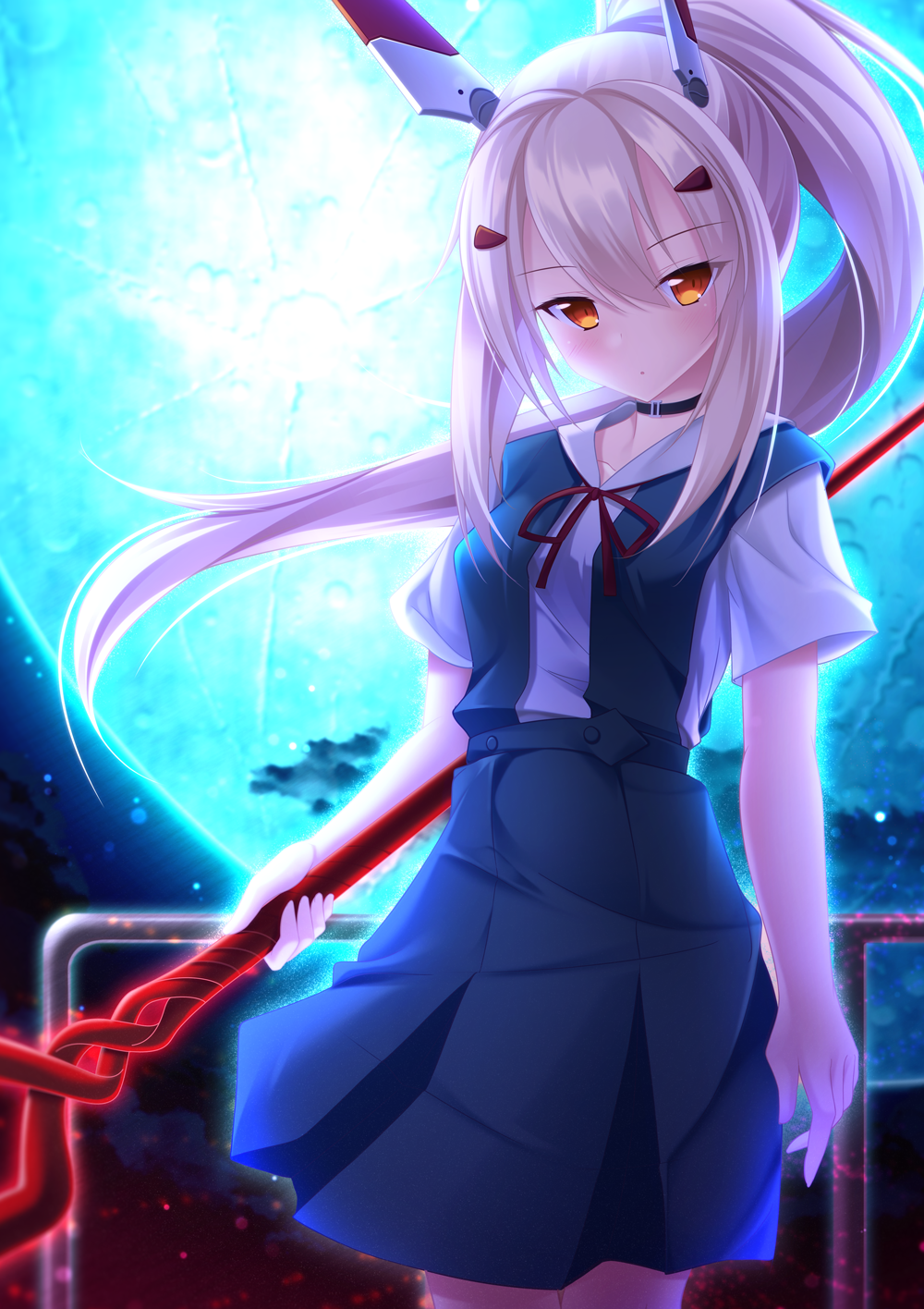 1girl, alternate_costume, ayanami_(azur_lane), ayanami_rei, ayanami_rei_(cosplay), azur_lane, choker, collarbone, cosplay, full_moon, hair_ornament, hairpin, headgear, highres, holding, hukairi_botan, lance, lance_of_longinus, long_hair, looking_at_viewer, moon, namesake, neon_genesis_evangelion, night, night_sky, parted_lips, polearm, ponytail, school_uniform, silver_hair, sky, solo, weapon, wind