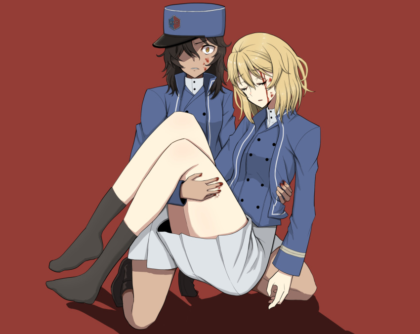 2girls, bangs, bc_freedom_(emblem), bc_freedom_military_uniform, black_footwear, black_hair, black_legwear, blonde_hair