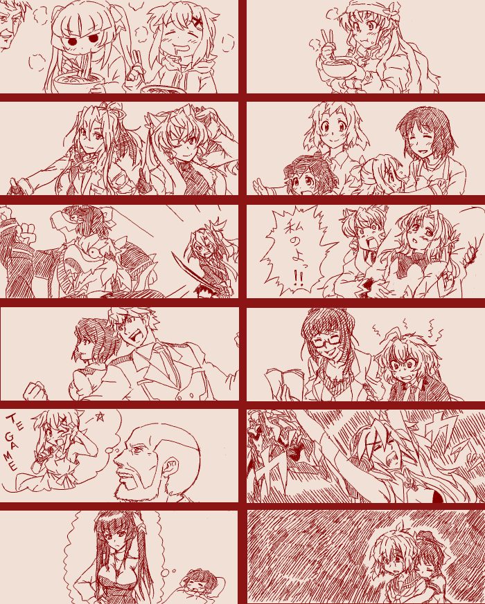 2boys, 6+girls, ahoge, akatsuki_kirika, alternate_breast_size, bald, beard, blonde_hair