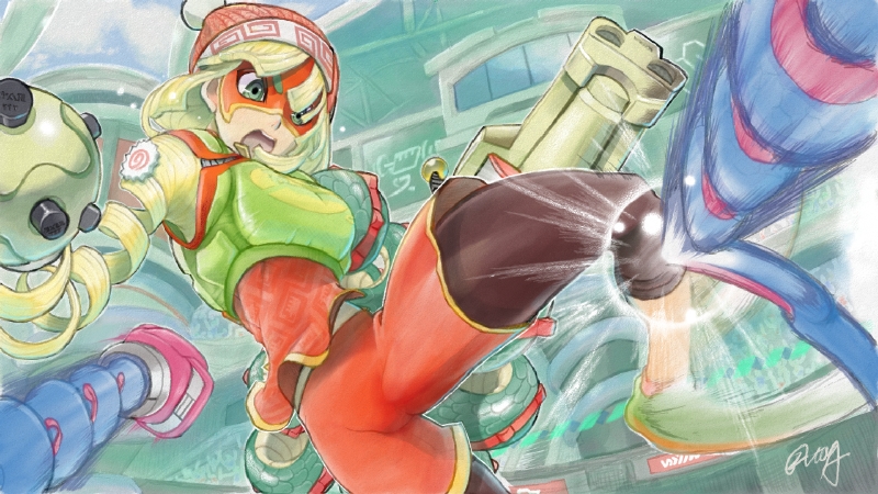 1boy, 1girl, arms_(game), bangs, beanie, black_legwear, blonde_hair, breasts