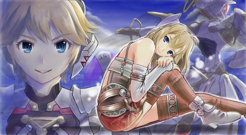1girl, ahoge, ankle_boots, arm_warmers, armlet, bangs, bare_shoulders, bent_knee