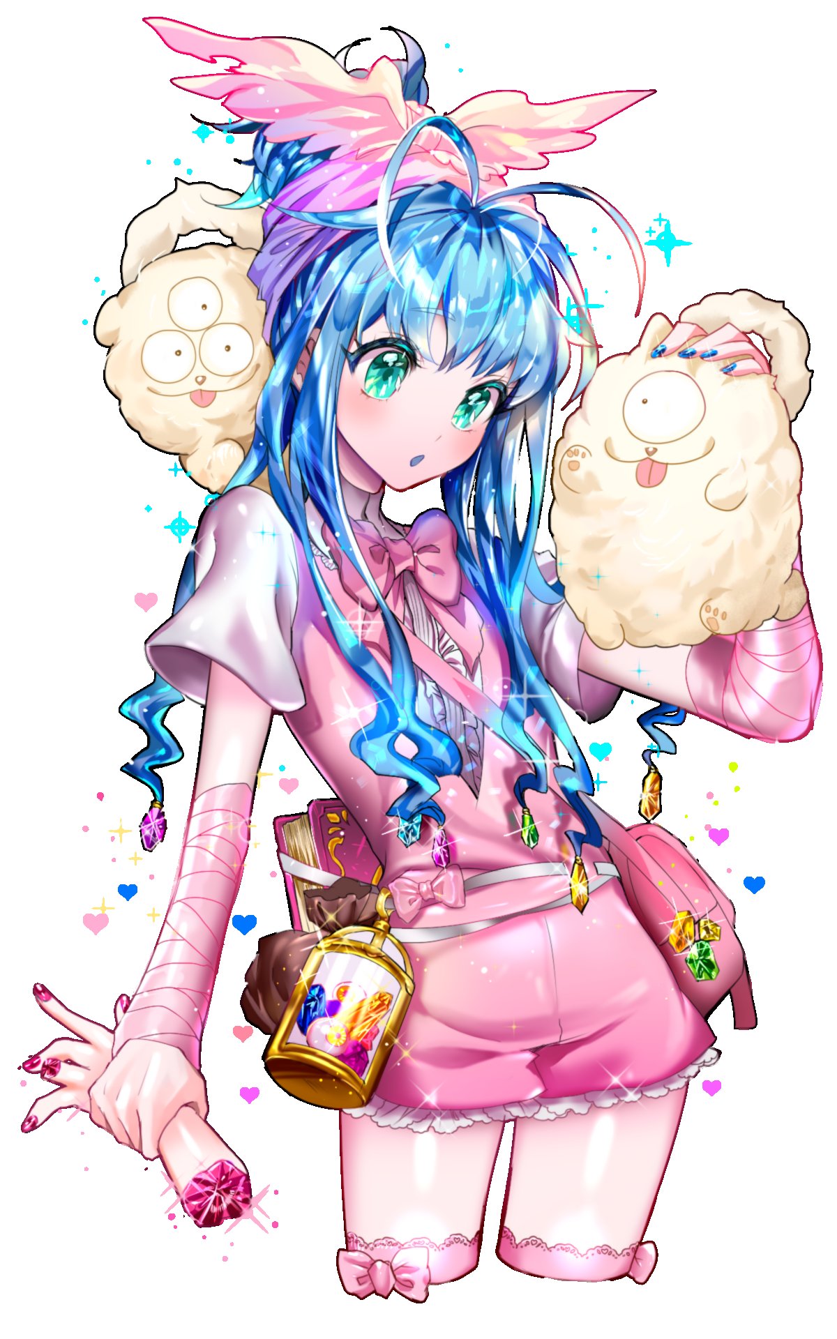 1girl, aqua_eyes, blue_hair, book, bow, commentary_request, cowboy_shot, cropped_legs, crystal_hair, gem, hair_bow, heart, hhw6328, highres, houseki_no_kuni, hunter_x_hunter, long_hair, neon_nostrade, shiro_(houseki_no_kuni), simple_background, white_background