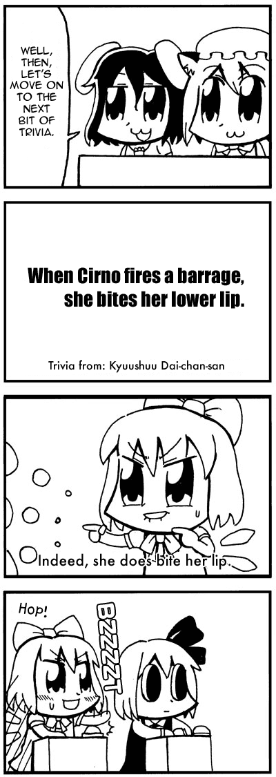 barrage, bkub, chen, cirno, comic, danmaku, fountain_of_trivia, hard_translated, inaba_tewi, monochrome, rumia, touhou, translated