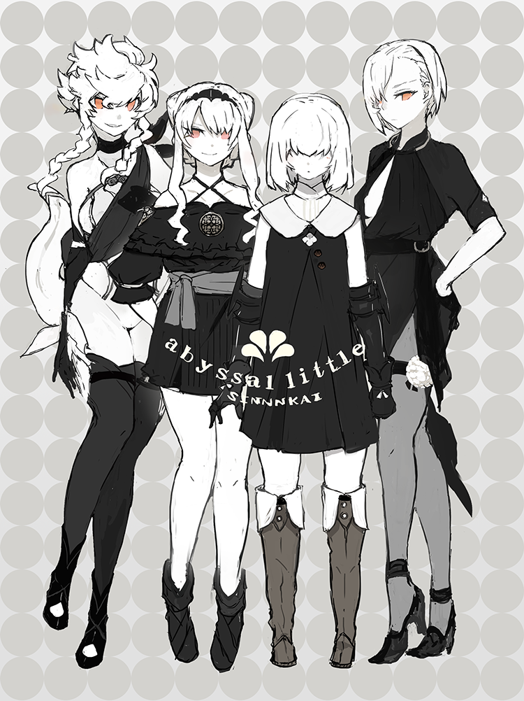 4girls, ankle_boots, artist_name, belt, boots, braid, camellia, character_request