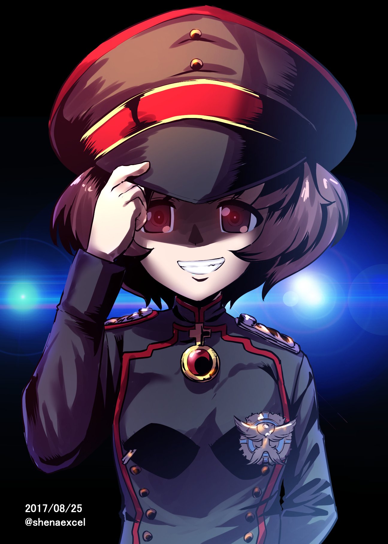 1girl, adjusting_clothes, adjusting_hat, akiyama_yukari, arm_behind_back, backlighting, bangs, black_hat