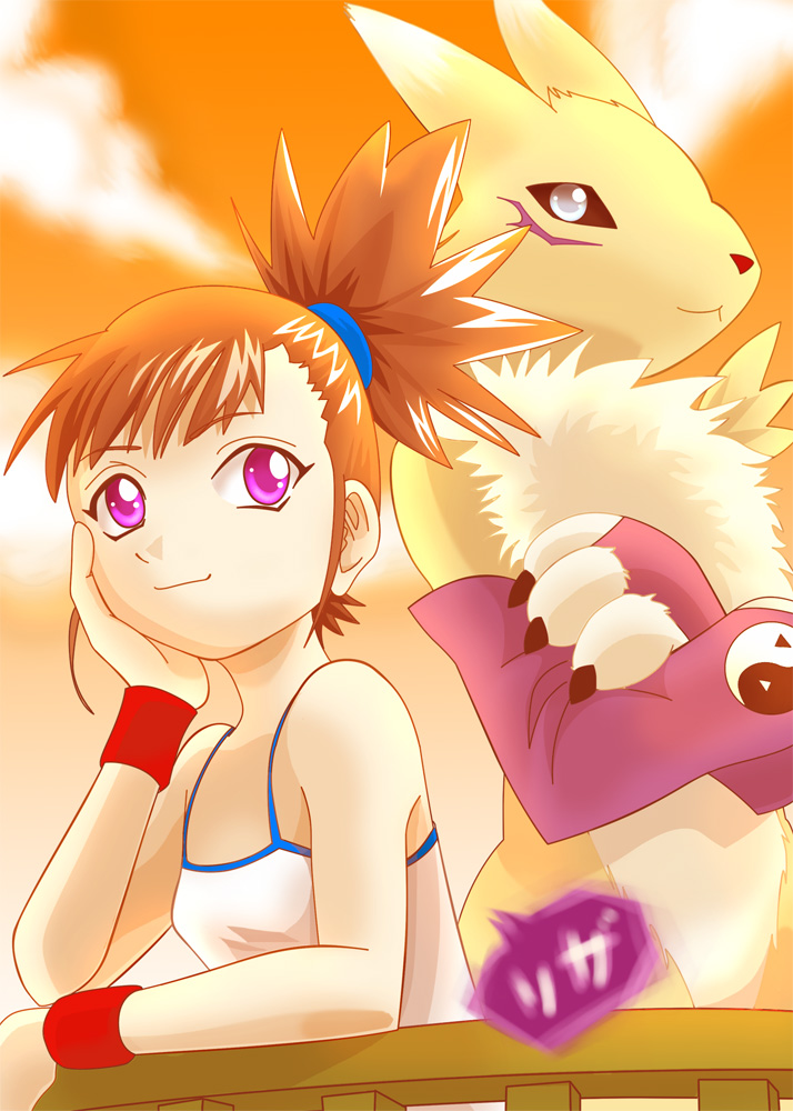 camisole, crossed_arms, digimon, digimon_tamers, flat_chest, makino_ruki, orange_hair, pink_eyes, ponytail, renamon, riza23, silver_eyes, wristband