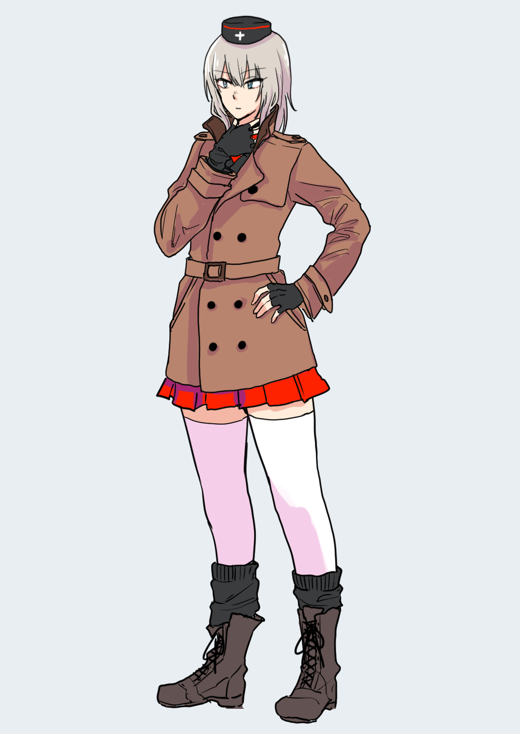 1girl, bangs, black_footwear, black_gloves, black_hat, black_jacket, black_legwear, blue_eyes