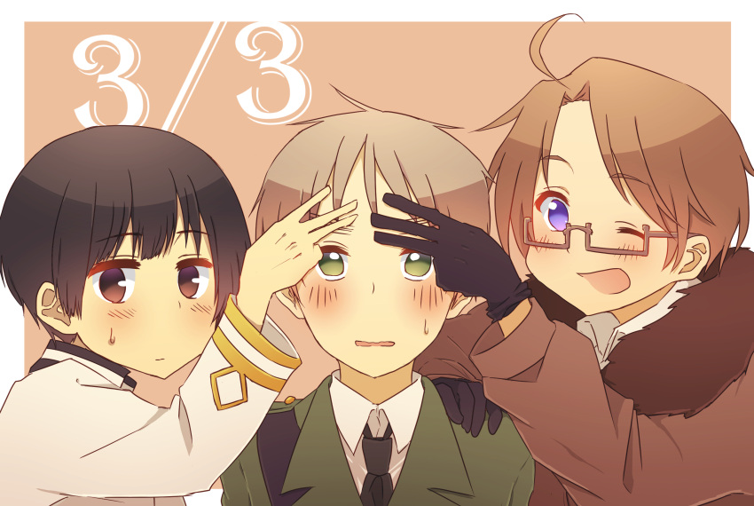 3boys, ahoge, america_(hetalia), axis_powers_hetalia, bangs, black_gloves, black_hair, black_neckwear