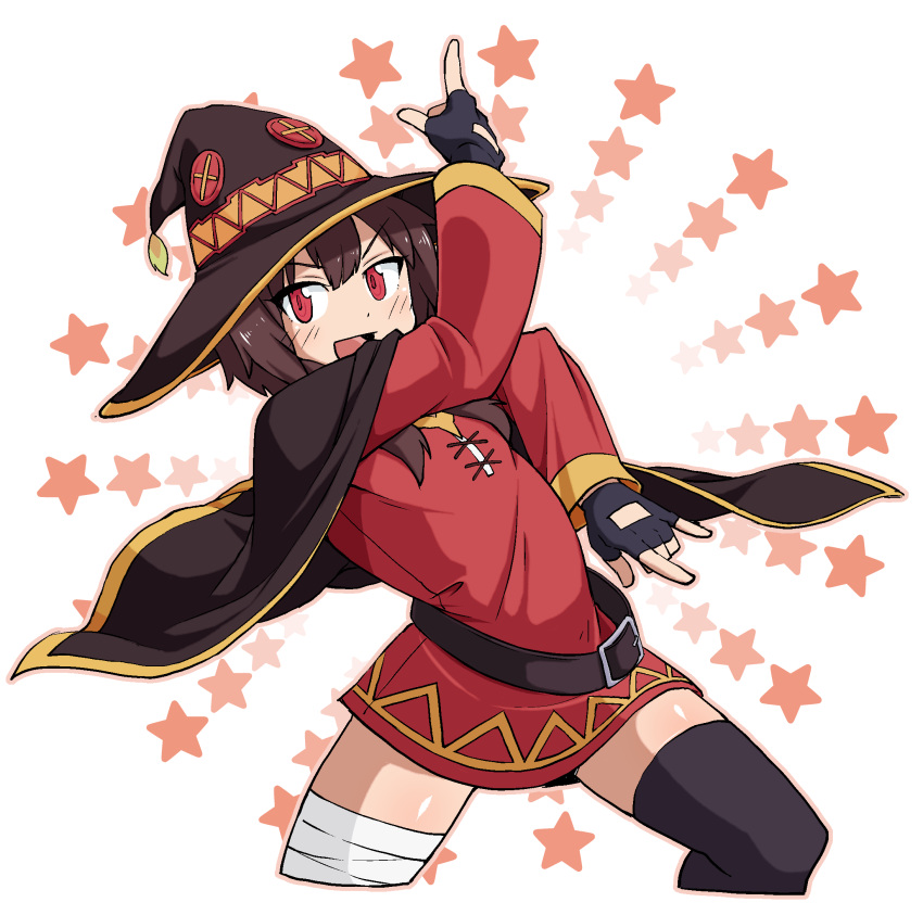 1girl, bandage, bandaged_leg, belt, black_belt, black_gloves, blush, cape, collar, dress, fingerless_gloves, gloves, hat, highres, jojo_no_kimyou_na_bouken, killer_queen, kono_subarashii_sekai_ni_shukufuku_wo!, kurozu_(crozu), megumin, mismatched_legwear, pose, red_dress, red_eyes, short_hair_with_long_locks, single_thighhigh, solo, thigh-highs, witch_hat