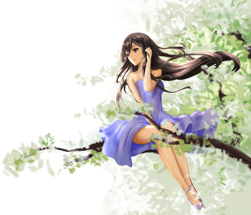 1girl, absurdres, black_hair, blue_dress, brown_eyes, collarbone, dress, floating_hair