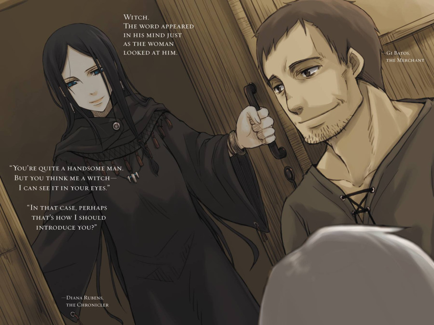 1girl, 2boys, ayakura_juu, beard, black_dress, black_hair, blue_eyes, brown_eyes