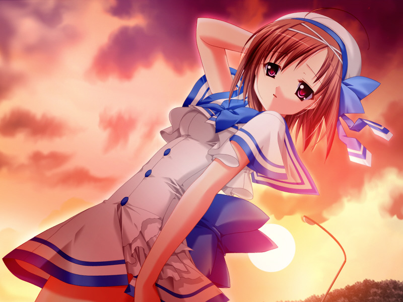 choco_chip, cloud, clouds, game_cg, hat, himukai_haruka, lamppost, looking_back