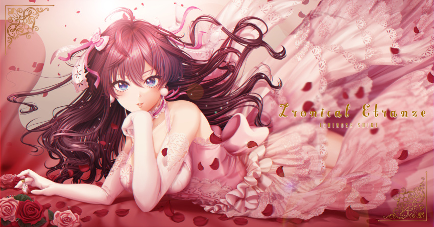 1girl, ahoge, akapii_(jun_0512), bare_shoulders, blue_eyes, blush, bottle, bow