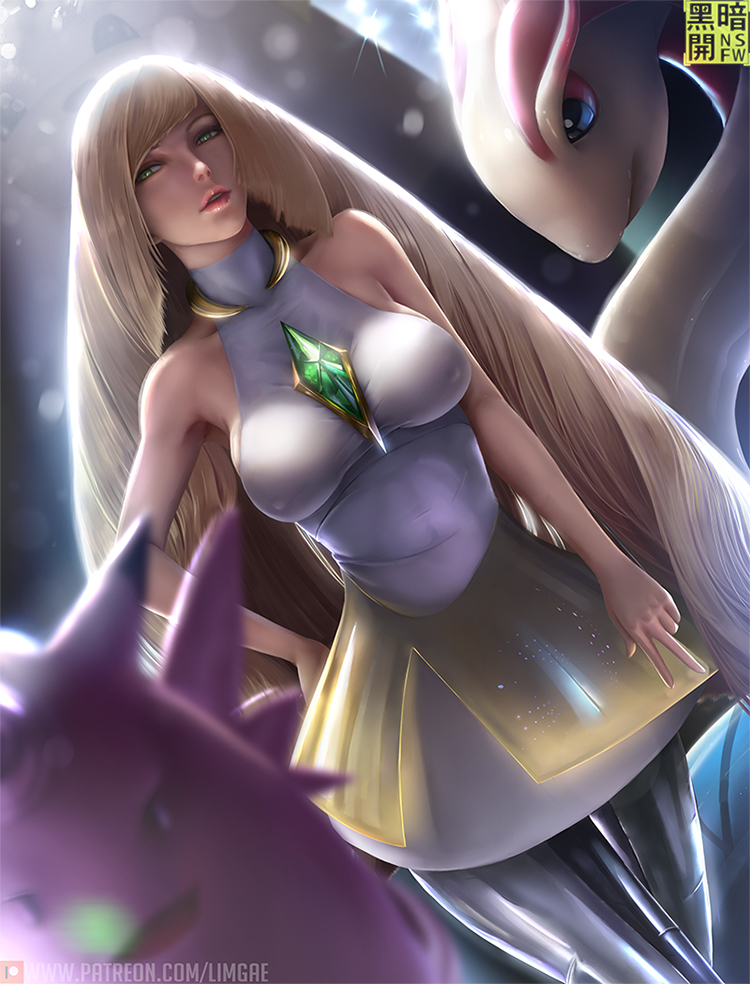 1girl, armpits, artist_name, bare_arms, bare_shoulders, between_breasts, blonde_hair, blurry