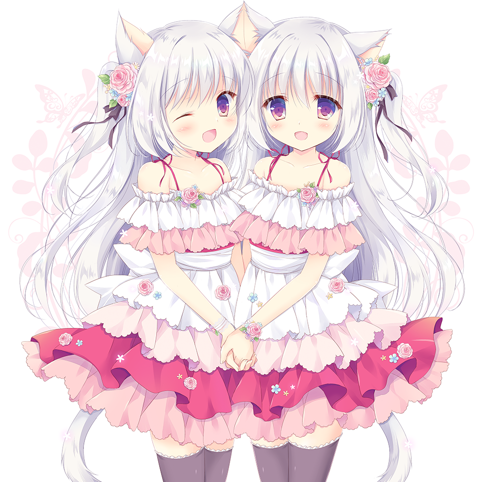 2girls, :d, ;d, animal_ears, bangs, bare_shoulders, black_legwear, blush