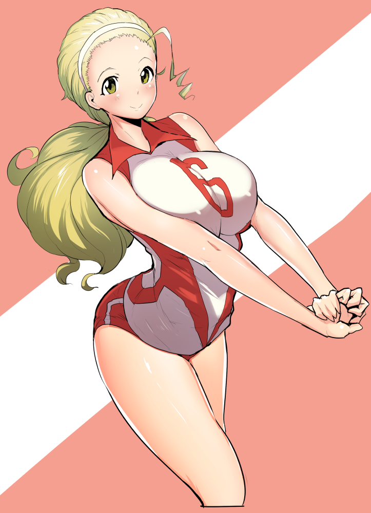 1girl, arched_back, bare_arms, bare_shoulders, blonde_hair, blush, breasts, closed_mouth