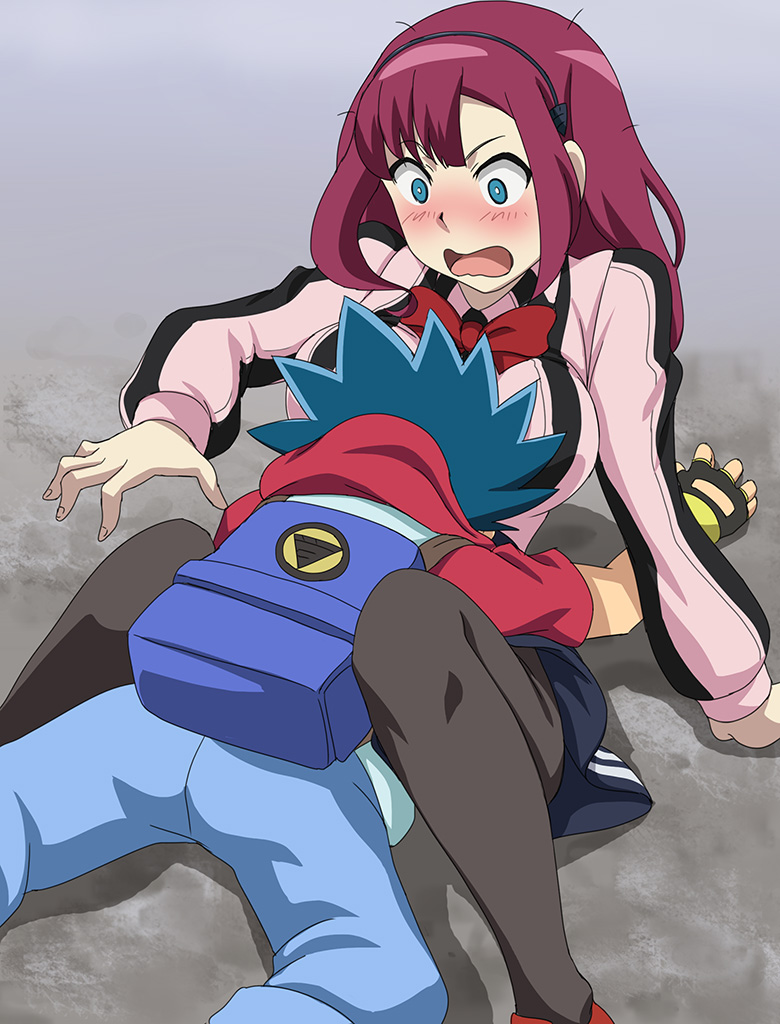 1boy, 1girl, accident, aoi_valt, backpack, bag, bangs, between_breasts