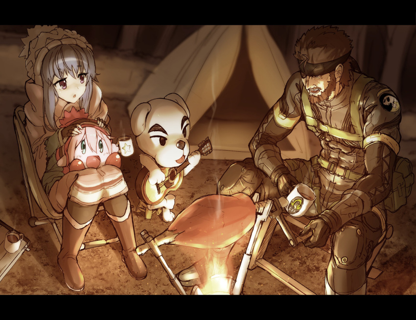 2boys, 2girls, animal, bandanna, big_boss, campfire, camping, commentary_request