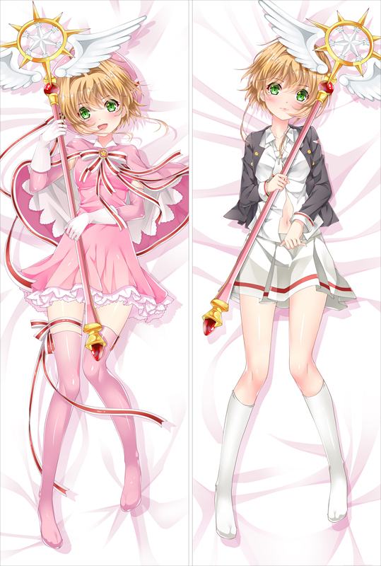 1girl, :d, bakugadou, bangs, bed_sheet, blonde_hair, blush, capelet, card_captor_sakura, closed_mouth, collared_shirt, dakimakura, dress, eyebrows_visible_through_hair, full_body, gloves, green_eyes, hand_up, holding, holding_staff, kinomoto_sakura, kneehighs, long_sleeves, looking_at_viewer, lying, multiple_views, navel, neck_ribbon, no_shoes, on_back, open_mouth, pink_dress, pink_legwear, pleated_skirt, ribbon, shadow, shirt, short_hair_with_long_locks, skirt, smile, staff, thigh-highs, white_gloves, white_legwear, white_shirt, zettai_ryouiki