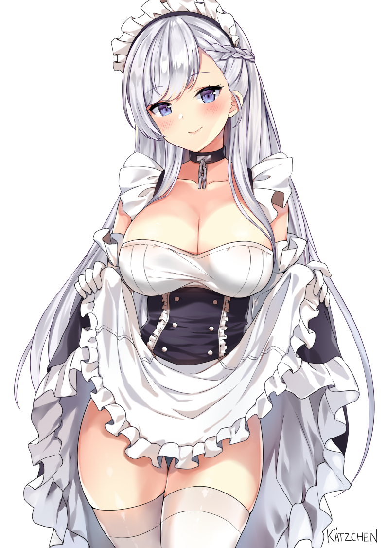 1girl, apron, apron_lift, artist_name, azur_lane, bangs, belfast_(azur_lane), blue_eyes