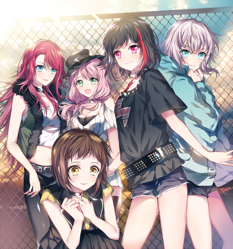 5girls, :d, afterglow_(bang_dream!), aoba_moca, bang_dream!, bang_dream!_girls_band_party!, bangs, belt, black_hair, black_shirt, blue_eyes, blue_jacket, brown_eyes, brown_hair, chain-link_fence, collar, crop_top, denim, denim_shorts, fence, fur-trimmed_vest, green_eyes, hands_together, hat, hazawa_tsugumi, highlights, hood, hood_down, hooded_jacket, jacket, lightning_bolt, long_hair, looking_at_viewer, low_twintails, midriff, mitake_ran, multicolored_hair, multiple_girls, nennen, open_mouth, pants, pink_hair, print_shirt, red_eyes, redhead, shirt, short_hair, short_sleeves, shorts, silver_hair, smile, studded_belt, studded_collar, t-shirt, tight, tight_pants, twintails, udagawa_tomoe, uehara_himari