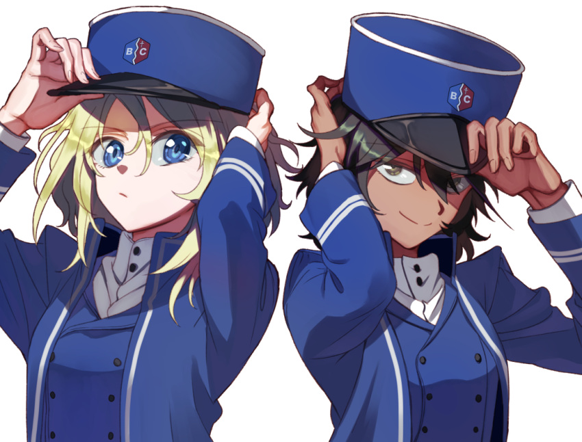 2girls, adjusting_clothes, adjusting_hat, andou_(girls_und_panzer), bangs, bc_freedom_(emblem), bc_freedom_military_uniform, black_hair