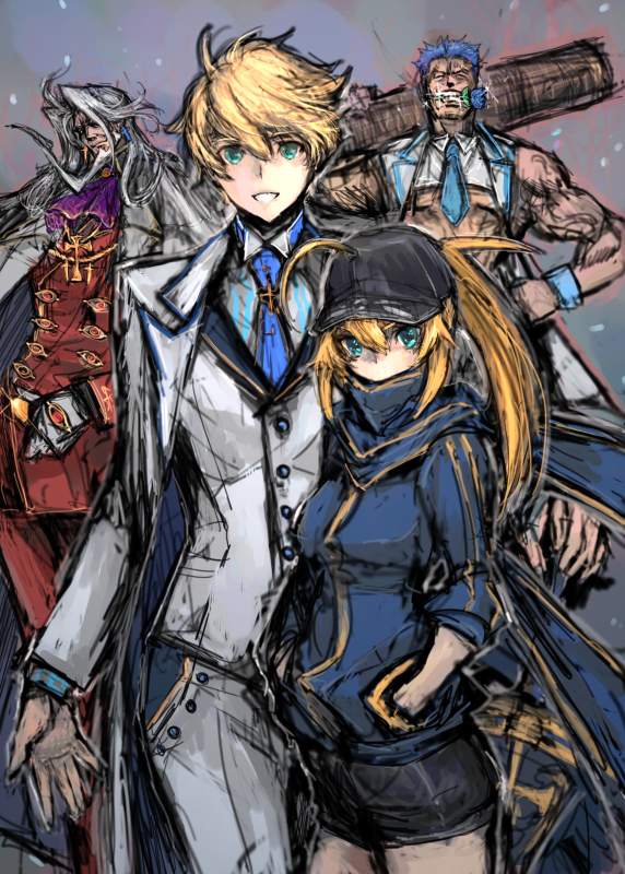 1girl, 3boys, artoria_pendragon_(all), artoria_pendragon_(lancer), beard, blue_eyes, blue_flower, blue_neckwear