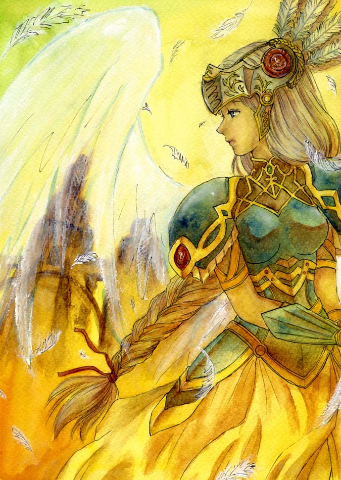 1girl, mana_(hitori_orchestra), nib_pen_(medium), solo, traditional_media, valkyrie_profile, watercolor_(medium)