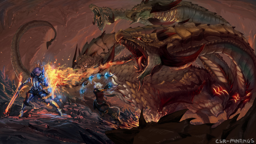 2girls, cave, commission, dragon, final_fantasy, final_fantasy_xiv, fire, highres