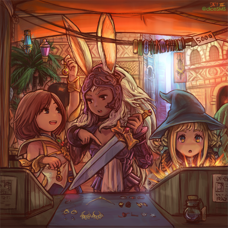 3girls, animal_ears, armor, artist_name, ashelia_b'nargin_dalmasca, blonde_hair, blue_eyes, brown_hair