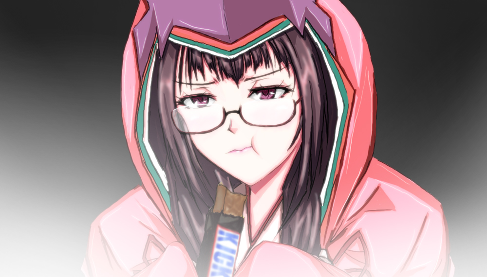 1girl, :t, black_background, black_hair, candy_bar, eating, fate/grand_order, fate_(series)