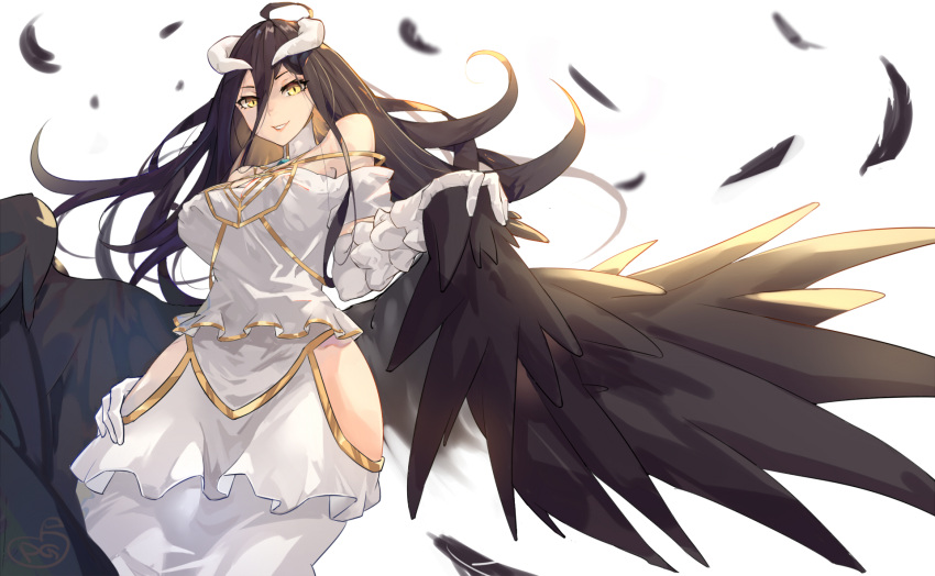 1girl, albedo, bare_shoulders, black_hair, black_wings, breasts, demon_girl, demon_horns