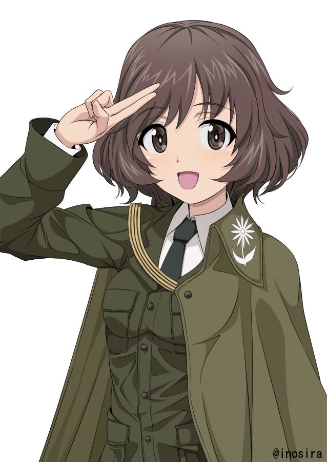 1girl, :d, akiyama_yukari, alternate_costume, bangs, black_neckwear, bonple_military_uniform, brown_eyes