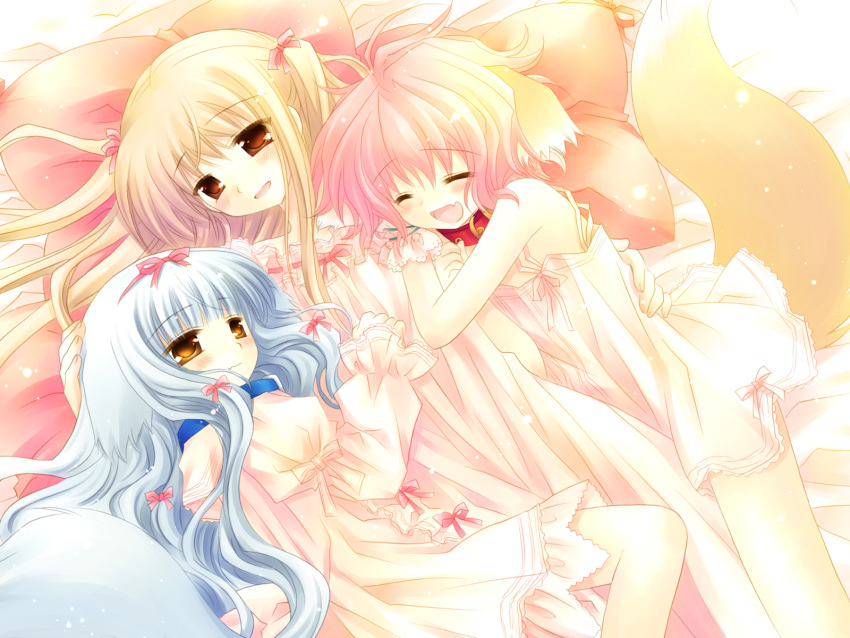 animal_ears, bed, blonde_hair, blue_hair, blush, brown_eyes, closed_eyes, collar