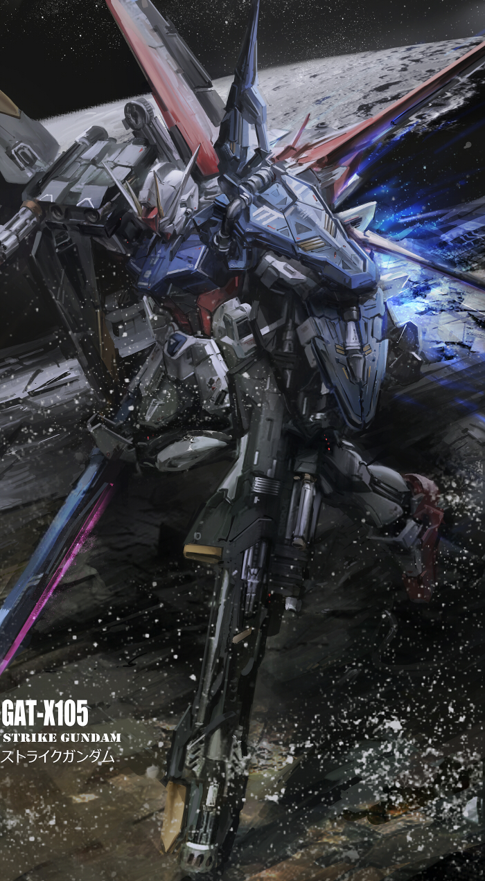 flying, gat-x105c_strike-c, gun, gundam, highres, holding, holding_gun, holding_sword