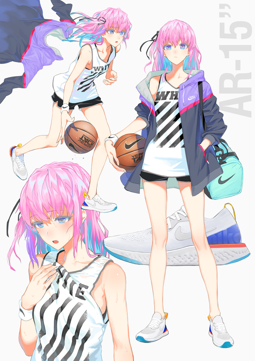 1girl, ball, bangs, bare_shoulders, basketball, basketball_jersey, black_bra, black_shorts, blue_eyes, blush, bra, bra_peek, breasts, character_name, closed_mouth, clothes_pull, collarbone, duffle_bag, eyebrows_visible_through_hair, floating_hair, girls_frontline, hair_between_eyes, hair_ornament, half-closed_eyes, hand_in_pocket, highres, holding, holding_ball, jacket, ladic, long_hair, looking_at_viewer, multicolored_hair, multiple_views, nike, no_socks, one_side_up, open_mouth, pink_hair, running, short_shorts, shorts, side_ponytail, sidelocks, simple_background, small_breasts, solo, st_ar-15_(girls_frontline), strap, sweat, sweatdrop, thighs, underwear, white_background, wristband