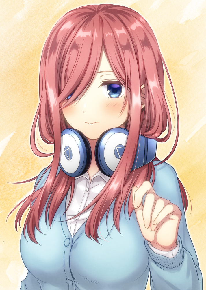 1girl, blue_eyes, breasts, flushed, goutoubun_no_hanayome, hair_between_eyes, hair_over_one_eye, headphones, irino, large_breasts, long_sleeves, looking_at_viewer, medium_hair, nakano_miku, orange_hair, shirt, smile, solo, sweater, uniform, white_shirt