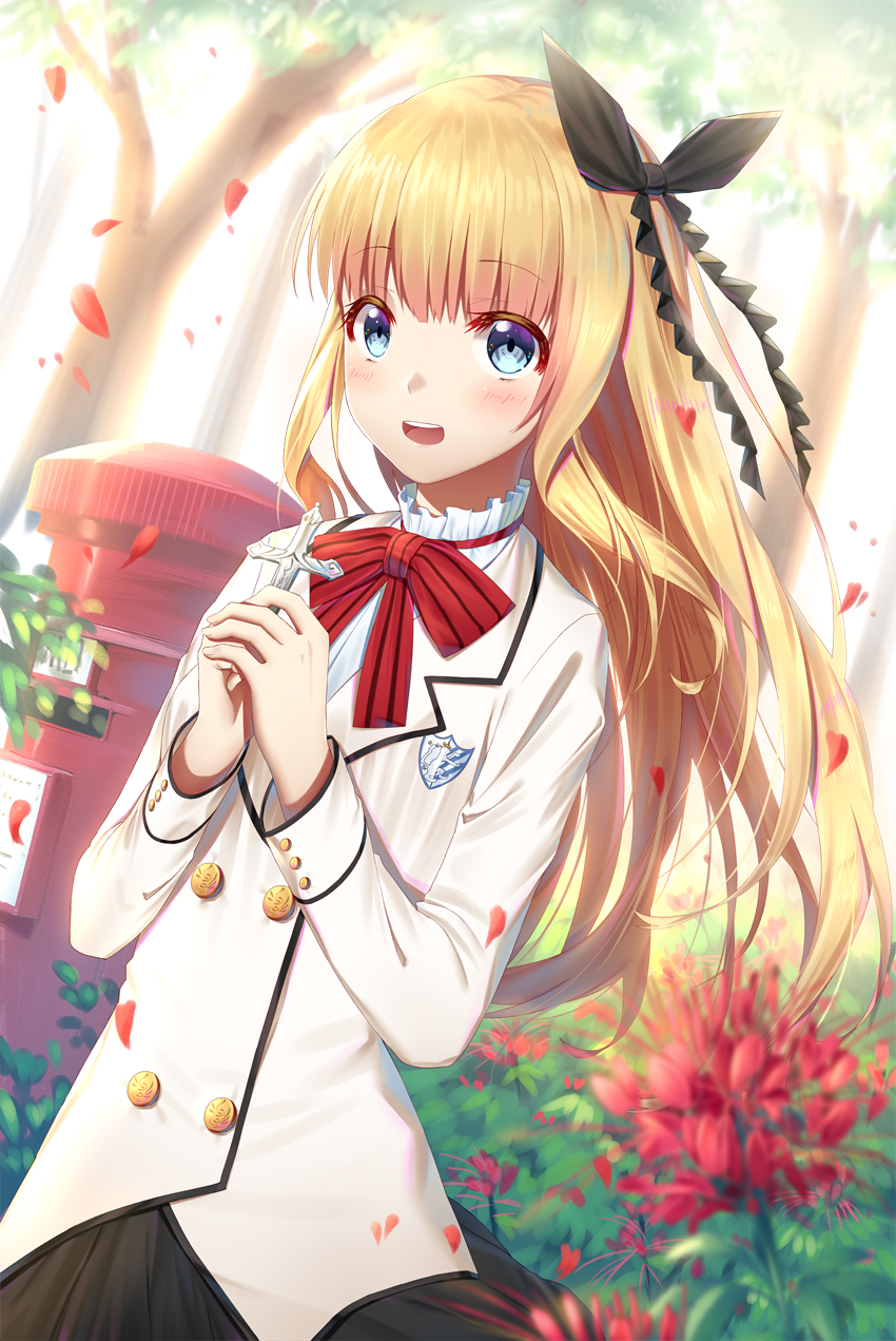 1girl, :d, bangs, black_ribbon, black_skirt, blazer, blonde_hair, blue_eyes