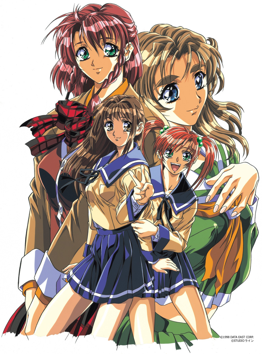 1998, 4girls, 90s, aoki_chisa, arm_grab, blue_eyes, braid, brown_eyes