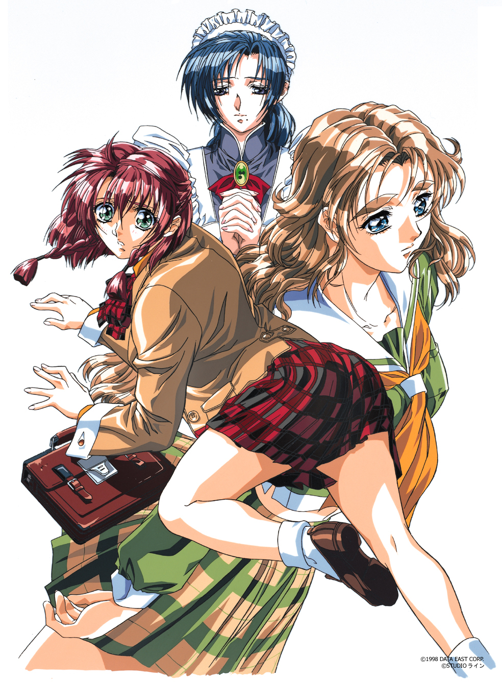 1998, 3girls, 90s, blue_eyes, blue_hair, braid, brooch, brown_hair, dated, doukoku_soshite, green_eyes, highres, jewelry, loafers, long_hair, long_sleeves, maid, mole, mole_under_mouth, multiple_girls, neckerchief, norma_wendy, official_art, parted_lips, plaid, plaid_skirt, pleated_skirt, praying, redhead, sasamoto_riyo, school_uniform, serafuku, shirakawa_kosuzu, shoes, simple_background, skirt, thick_eyebrows, twin_braids, white_background, white_legwear, yokota_mamoru