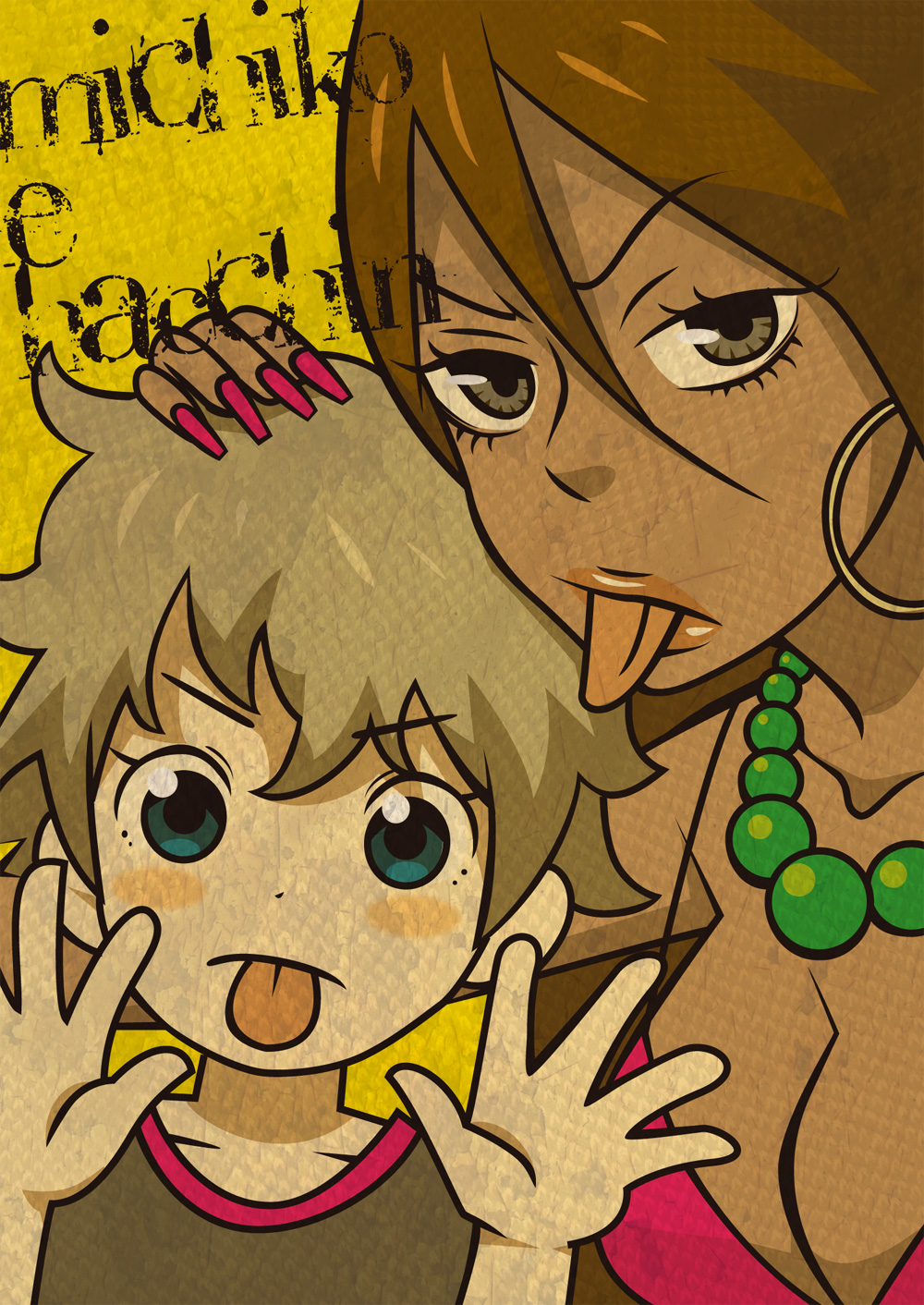 :p, blonde_hair, brown_eyes, brown_hair, dark_skin, earrings, fingernails, green_eyes