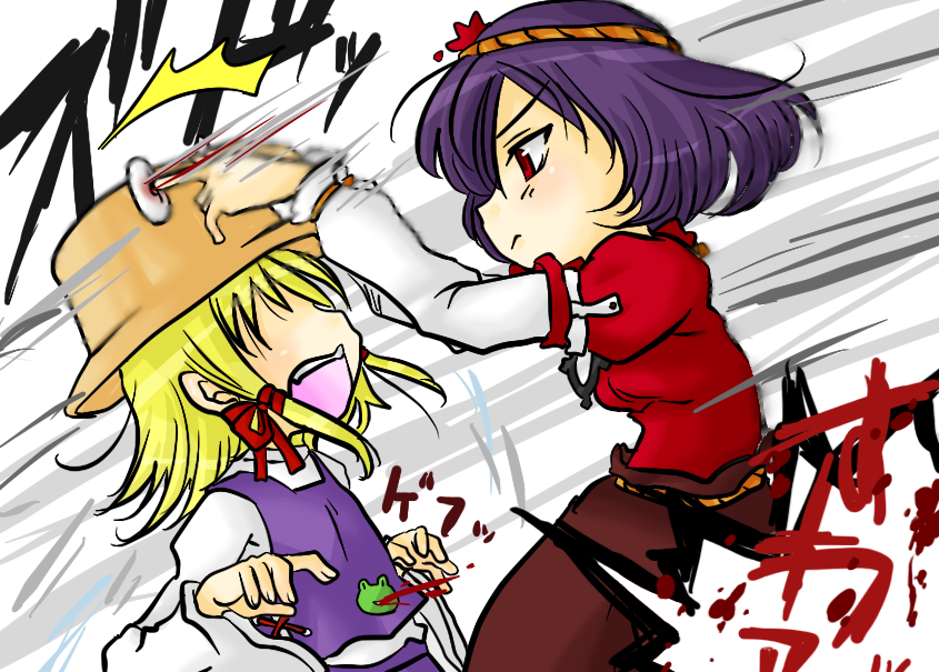 blonde_hair, blood, eye_poke, eyepoke, hat, moriya_suwako, mouthbleed, multiple_girls