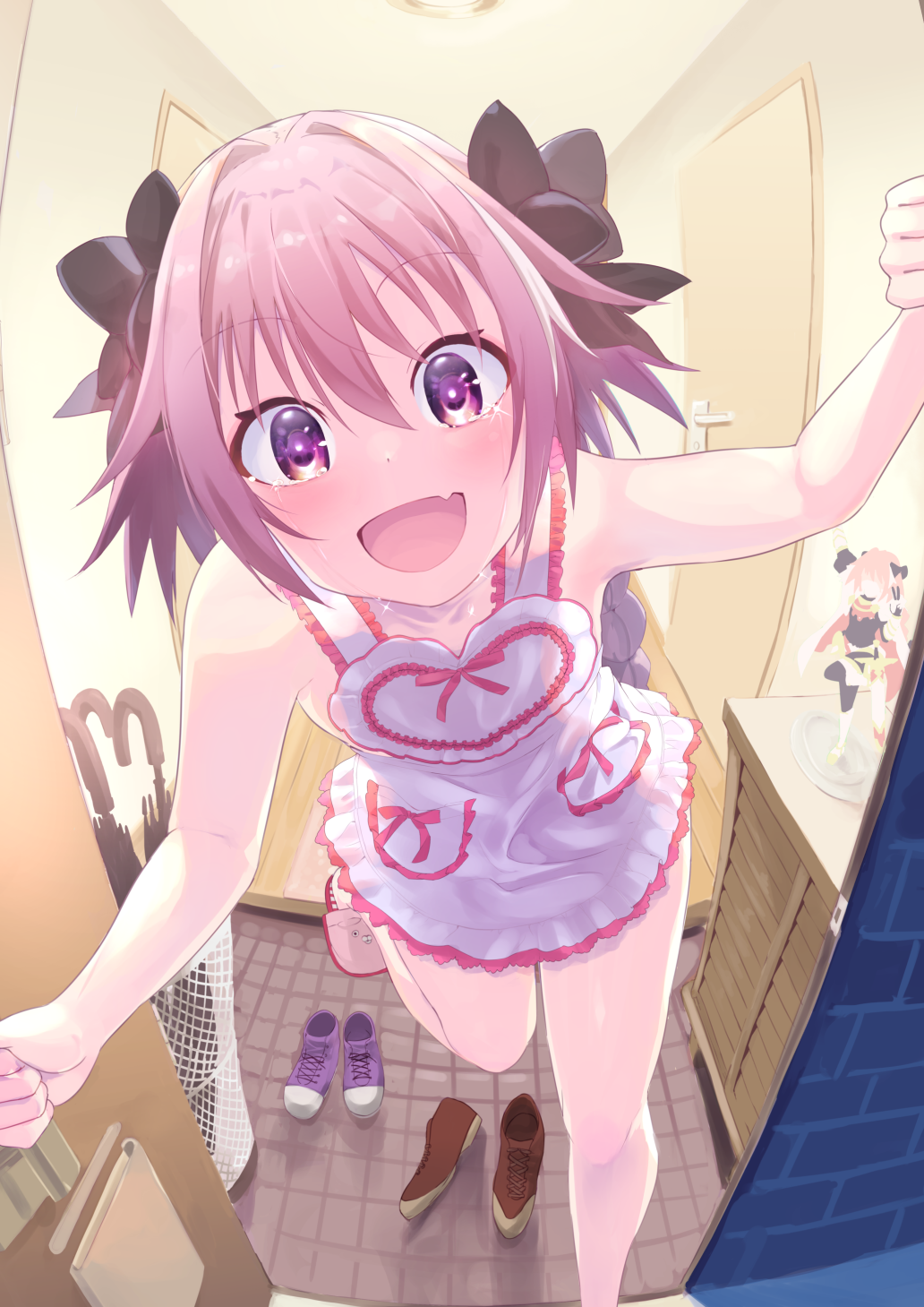 1boy, :d, alternate_costume, apron, astolfo_(fate), bare_arms, bare_legs, bare_shoulders