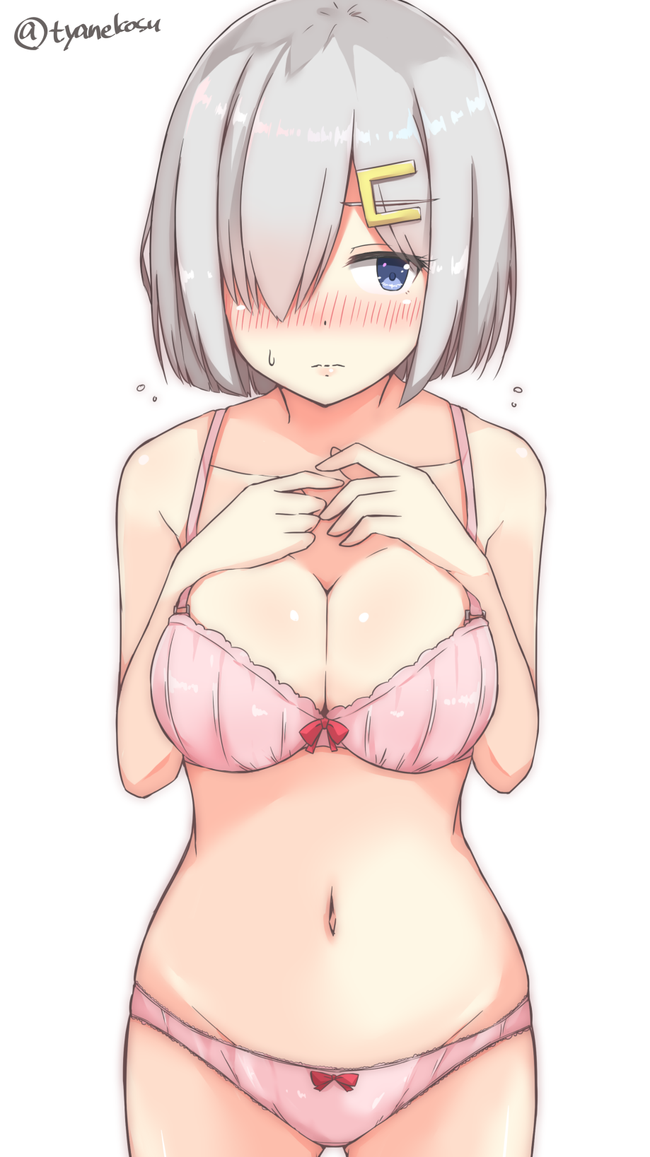 1girl, blue_eyes, blush, bra, breasts, chaa_(korone-ze), cleavage, collarbone