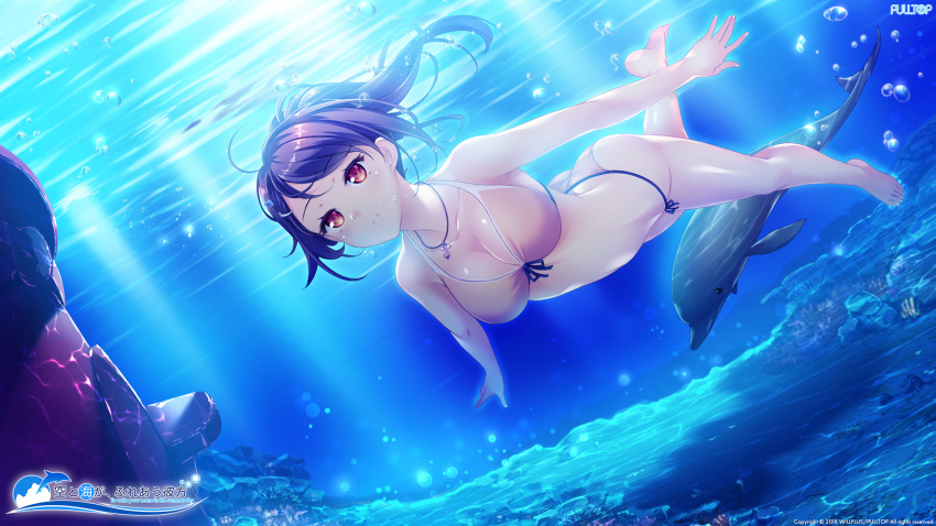 1girl, ass, barefoot, bikini, breasts, brown_hair, cleavage, collarbone