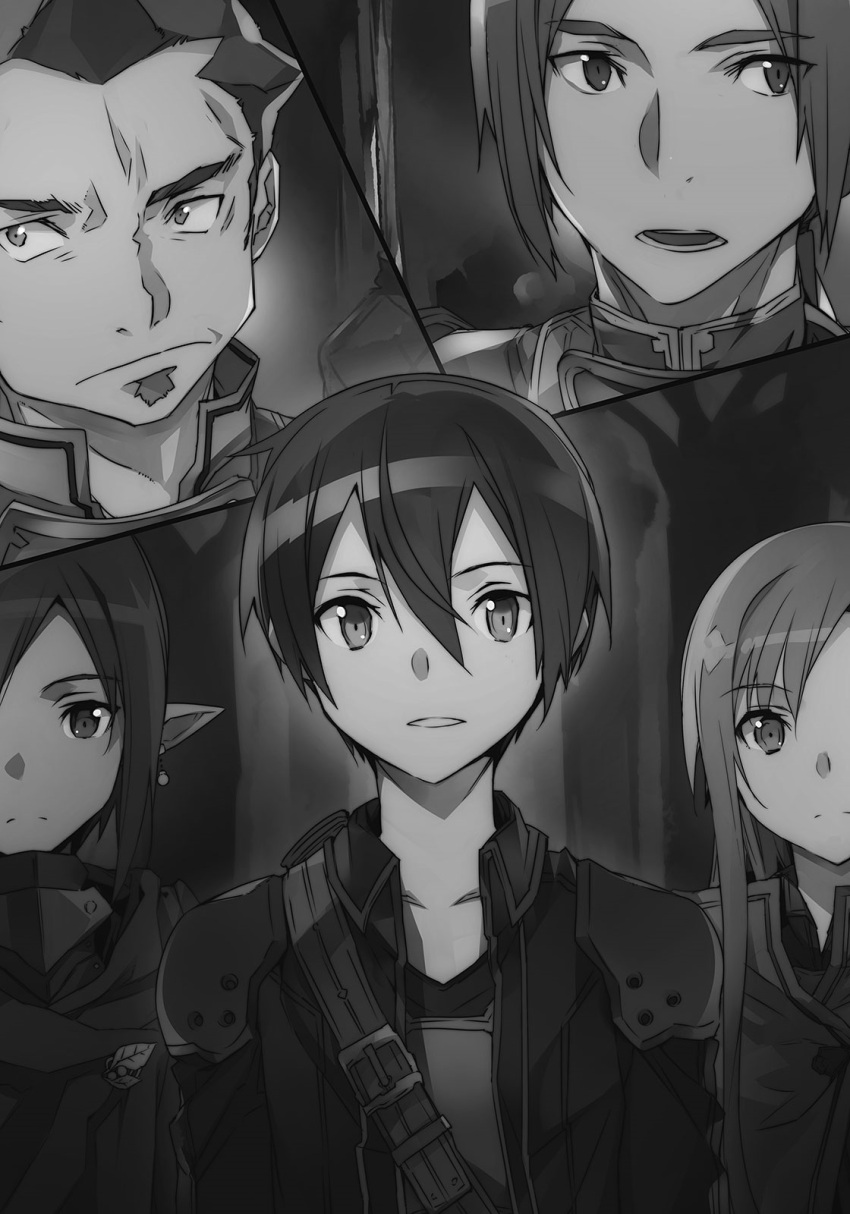 2girls, 3boys, abec, asuna_(sao), beard, breastplate, collarbone, earrings