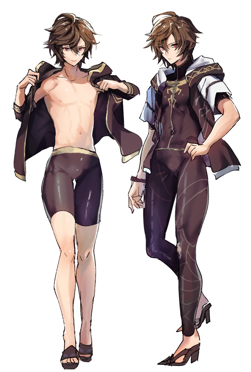 ahoge, brown_hair, bulge, granblue_fantasy, high_heels, highres, hood, hood_down, hooded_jacket, jacket, makita_(homosapiensu), male_focus, male_swimwear, red_eyes, sandalphon_(granblue_fantasy), shirtless, short_hair, swim_trunks, swimwear