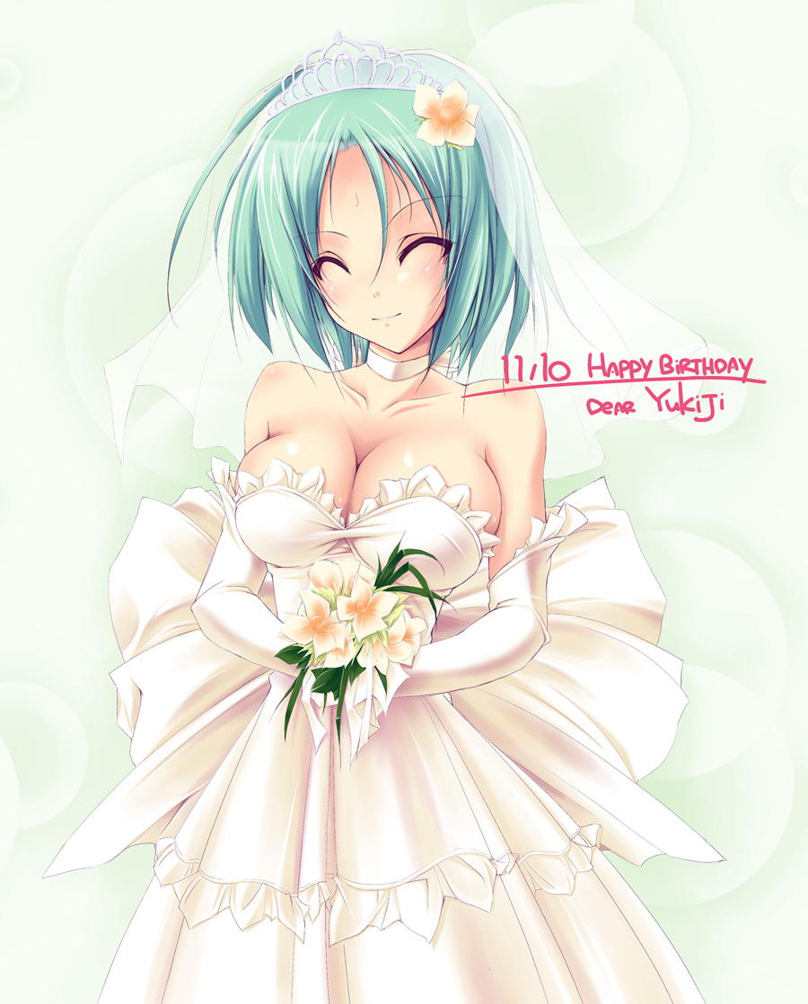 bouquets, breasts, bride, cleavage, closed_eyes, dress, flower, green_hair