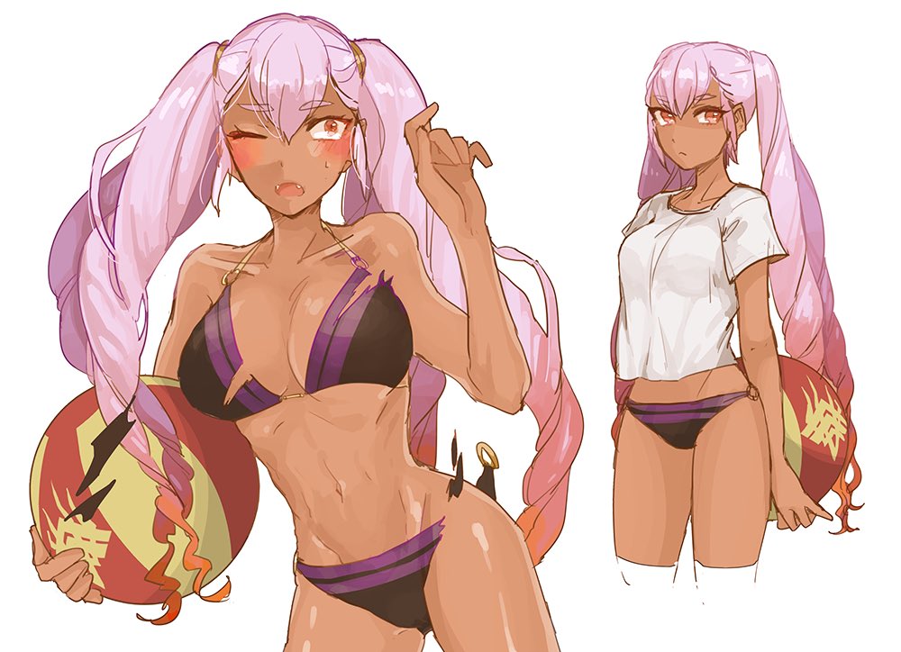 1girl, ass, bikini, breasts, dark_skin, fire_emblem, fire_emblem_heroes, gradient_hair, hair_ornament, laevateinn_(fire_emblem_heroes), long_hair, looking_at_viewer, multicolored_hair, navel, one_eye_closed, pink_hair, red_eyes, shirt, solo, swimsuit, tnmrdgr, twintails
