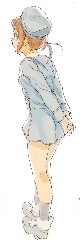 1girl, arms_behind_back, bangs, beret, black_legwear, blue_dress, blue_hat, blue_sailor_collar